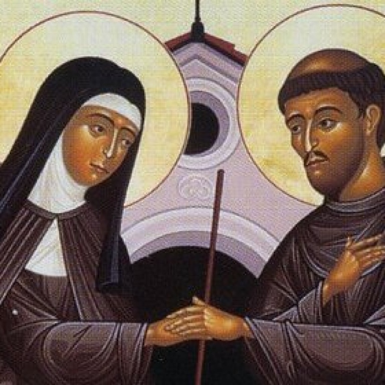 Franciscus-en-Clara-ontmoeten-elkaar-in-San-Damiano